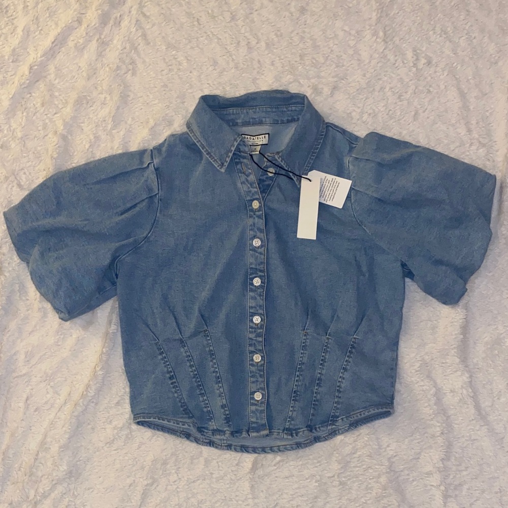 bagatelle Blue Denim Button-Down Puff Sleeve Shirt NWT - Picture 2 of 8